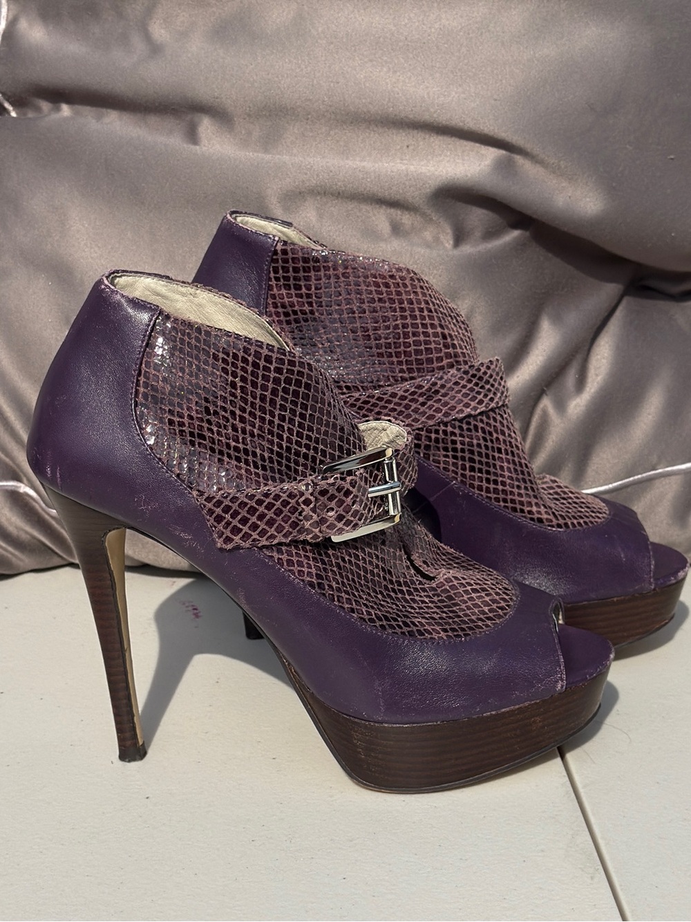 Michael Kors Purple Peep-Toe Platform Heels with Snakeskin Detail
